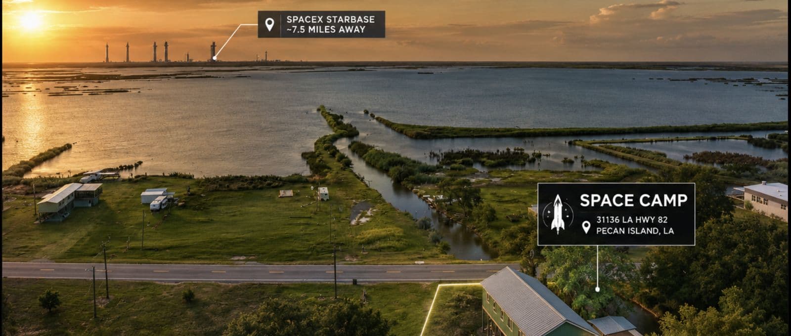 Aerial of Space Camp over the marsh at sunset, with the launch pads labeled ~7.5 miles away on the horizon