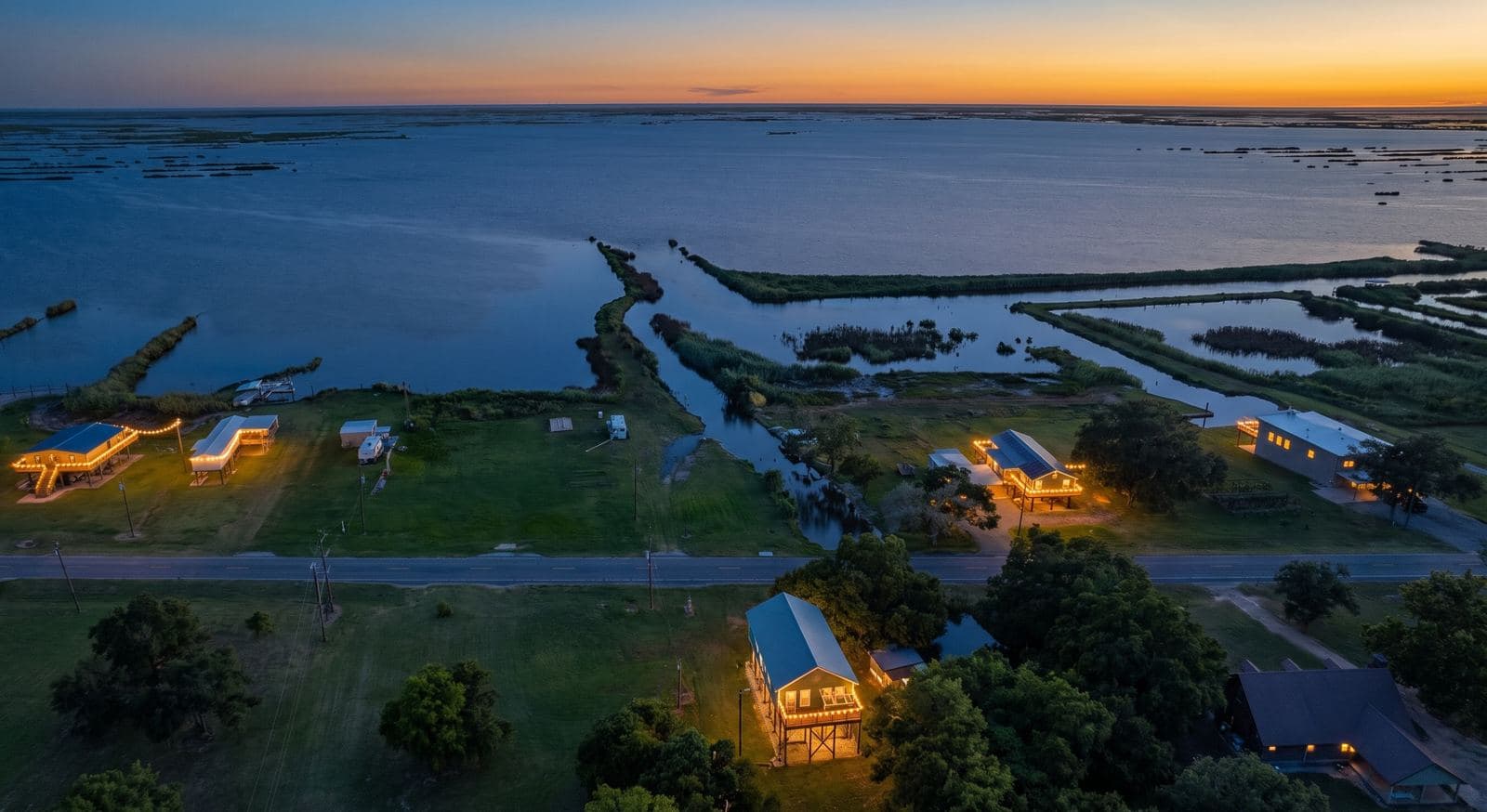 Waterfront aerial looking across the marsh